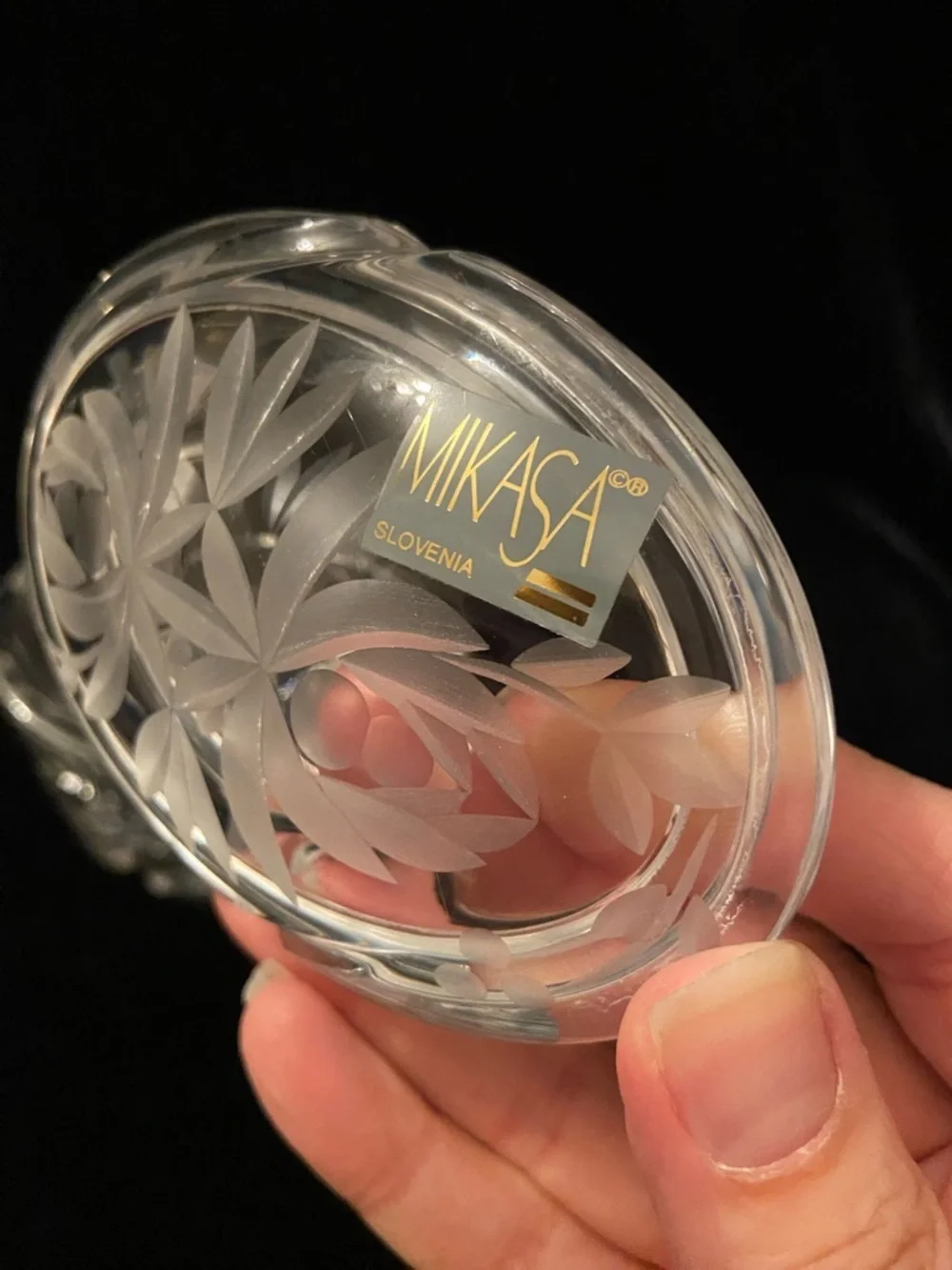 Vintage MIKASA Cut Crystal Floral Lidded Jewelry Trinket Box Oval Heavy
